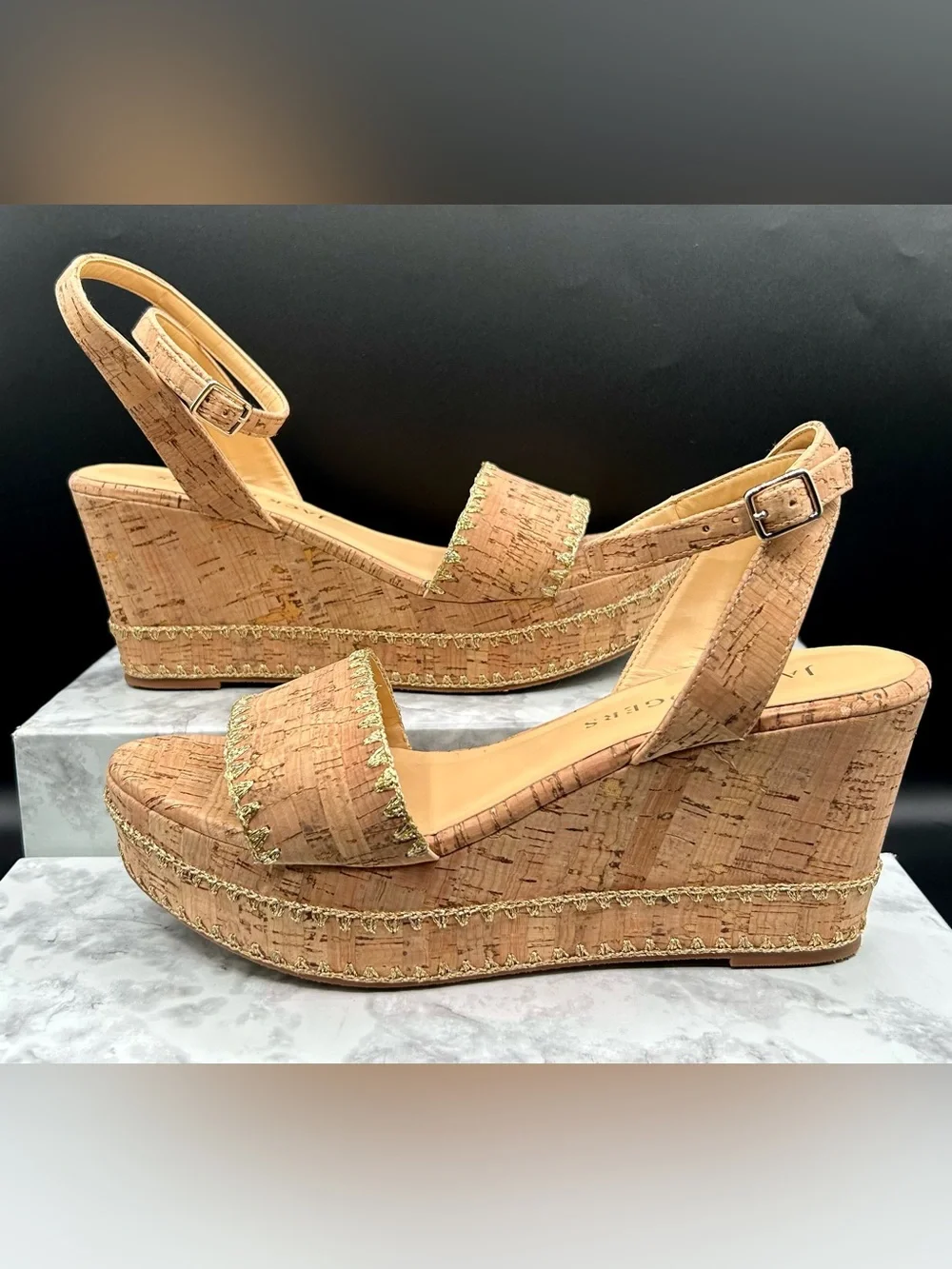 JACK ROGERS Flagler Stitch Platform-Wedge-Sandals in Cork-Gold. Size 9